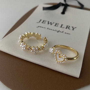 DAIIIBABYYY  -  New Korean Retro Simple Elegant Shell Pearl Love Flower Opening Rings For Women Fashion Sweet Jewelry Accessories